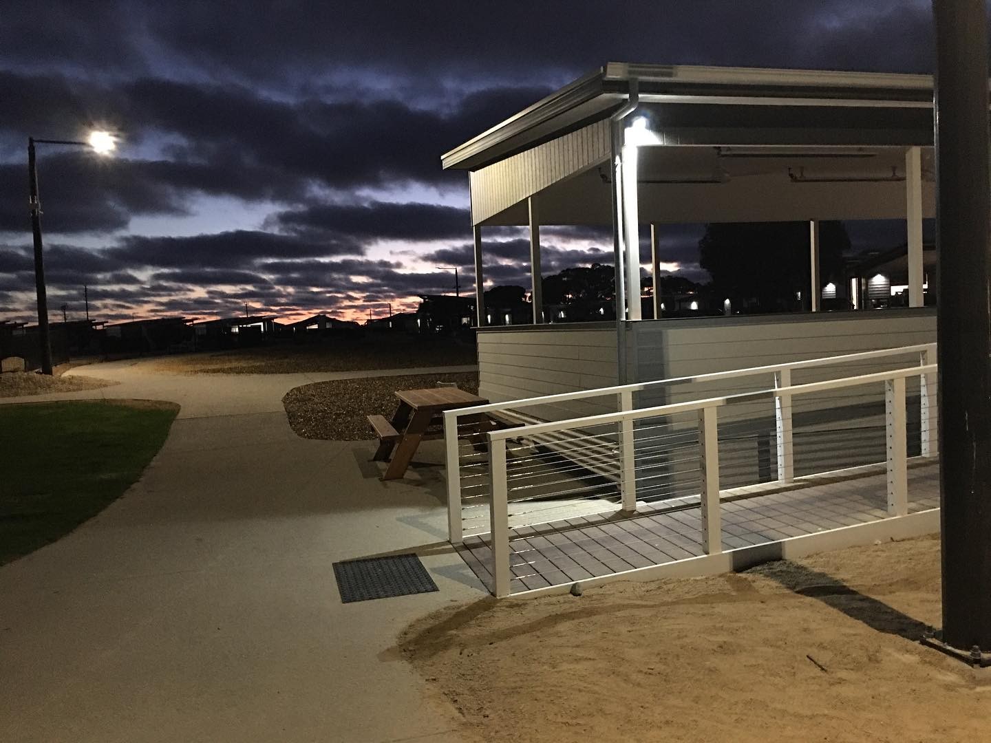 Night time view of the camp kitchen facility