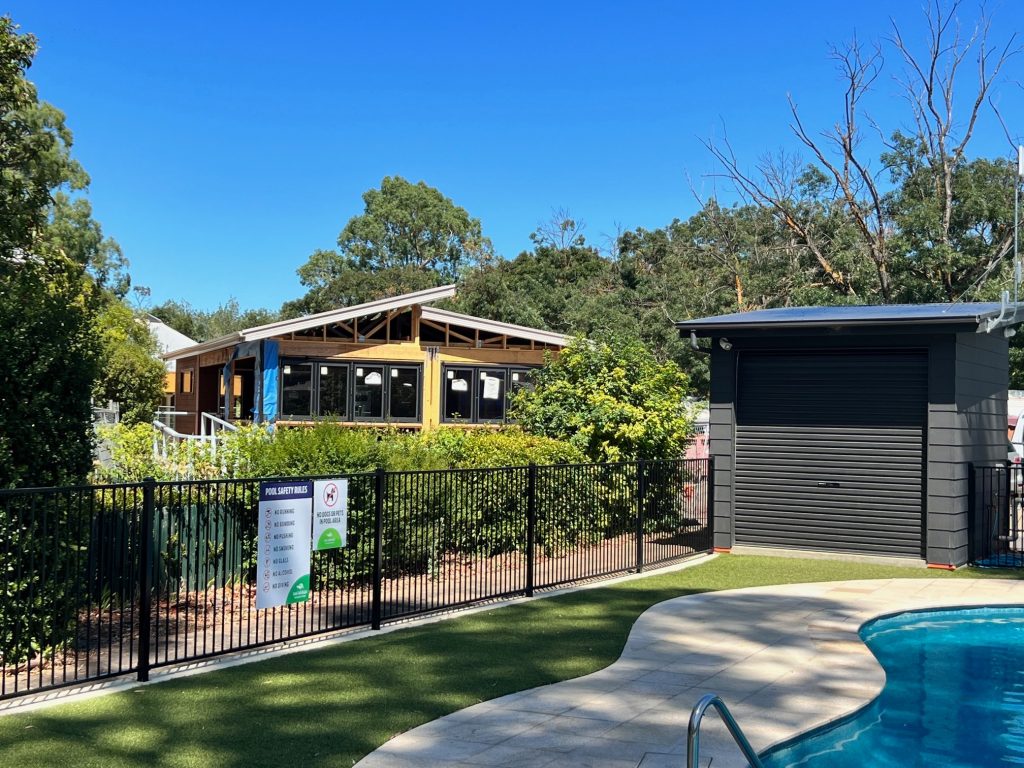 Pool area looking back towards new dining / recreation building