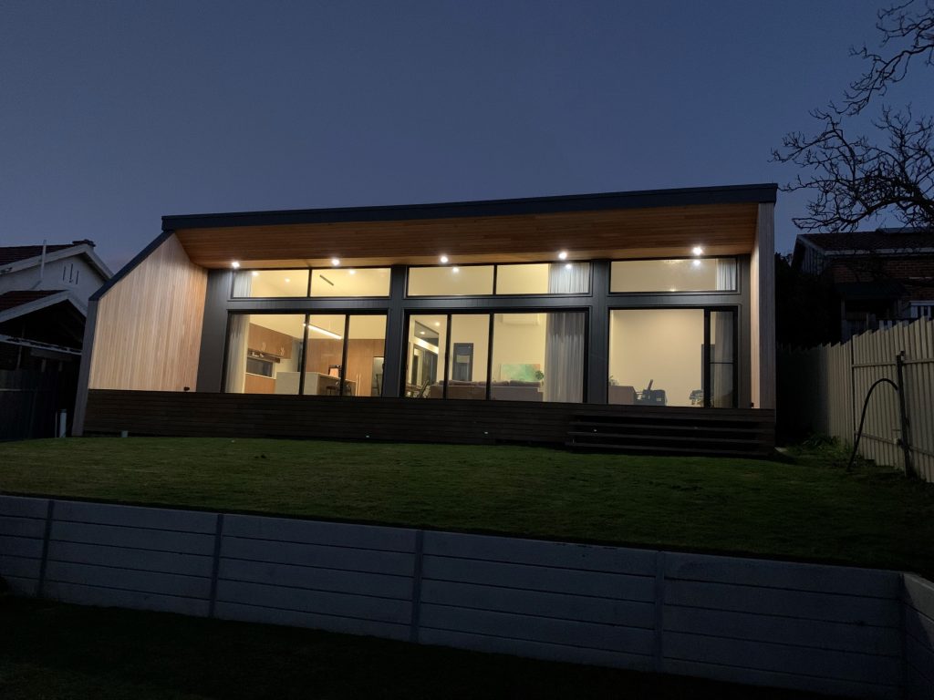 rear of lower pavilion lit at night